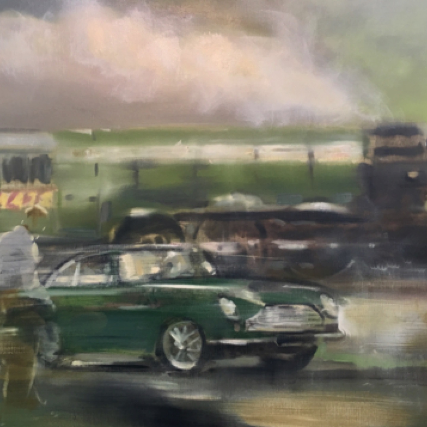 Gregg Chadwick
Rain, Steam, and Speed (Aston Martin DB4 and The Flying Scotsman)
30"X40" oil on linen 2019
Pepi Kelman & Coles Brewer Collection, Pacific Palisades, California